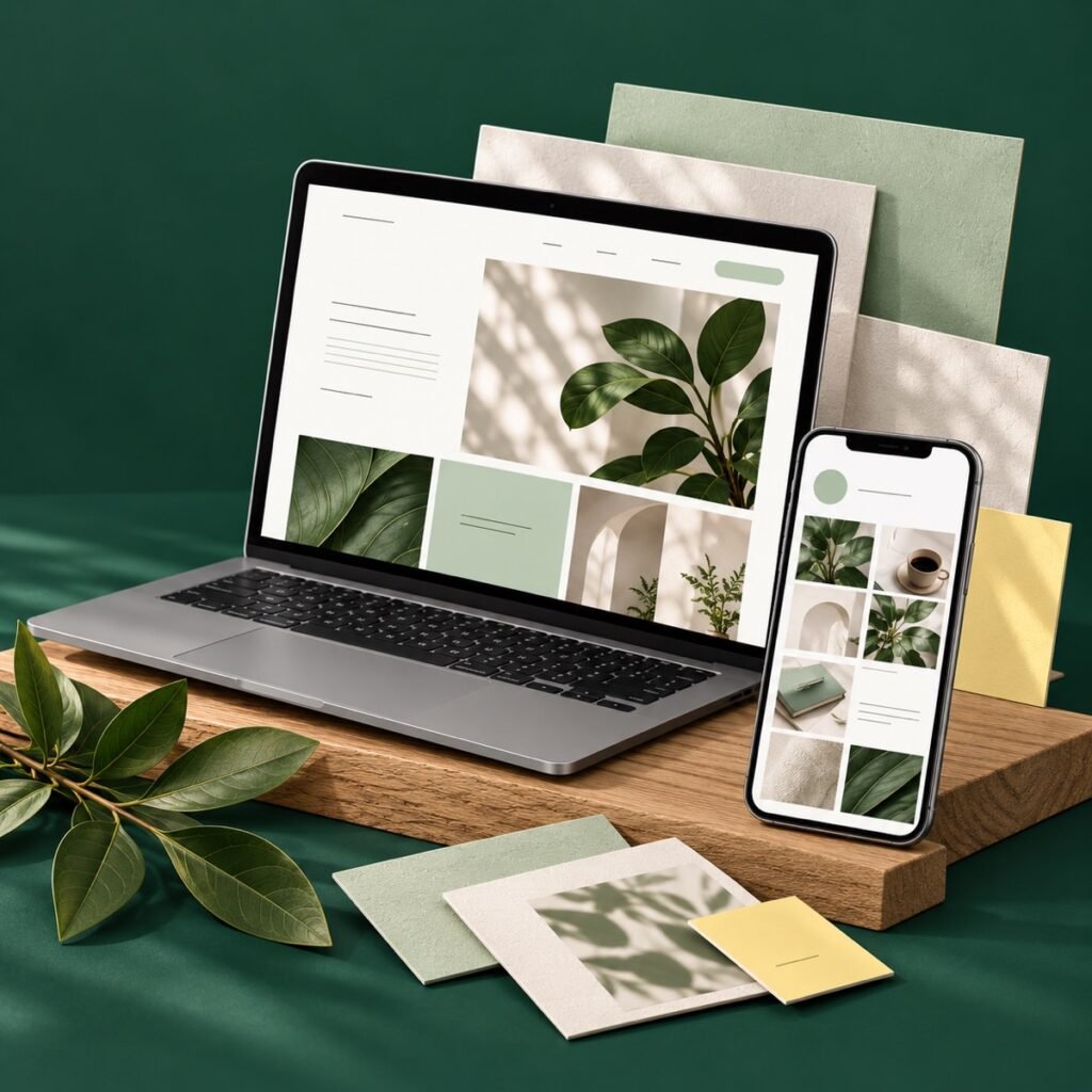 Website design shown on a laptop and phone with green and yellow brand swatches