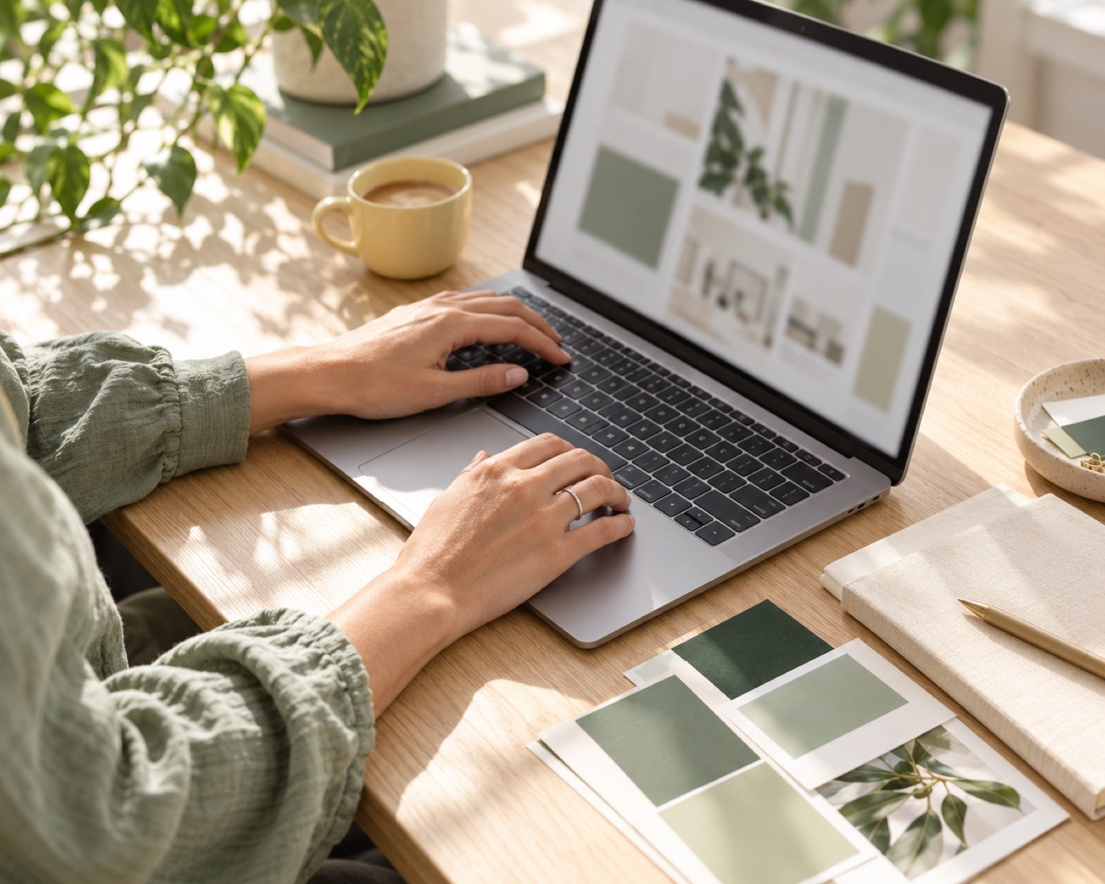 Designing a website layout on a laptop beside sage green color swatches