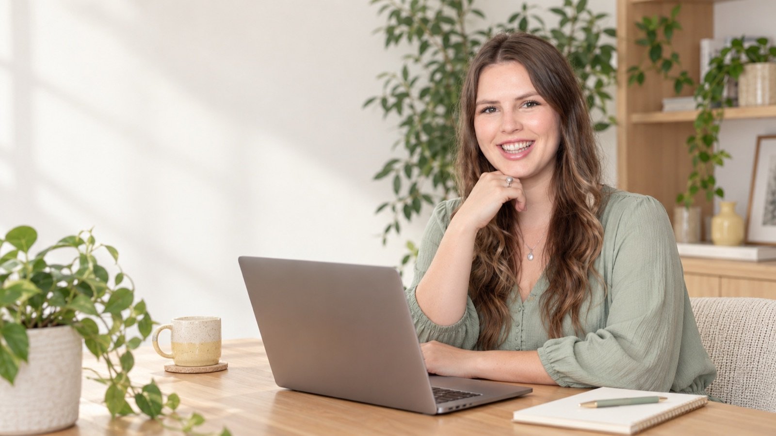 Jen Kruger working at a laptop in her plant-filled studio