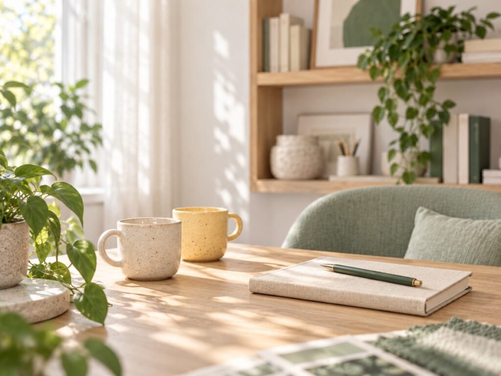 Sunlit studio desk with coffee cups, a notebook and plants