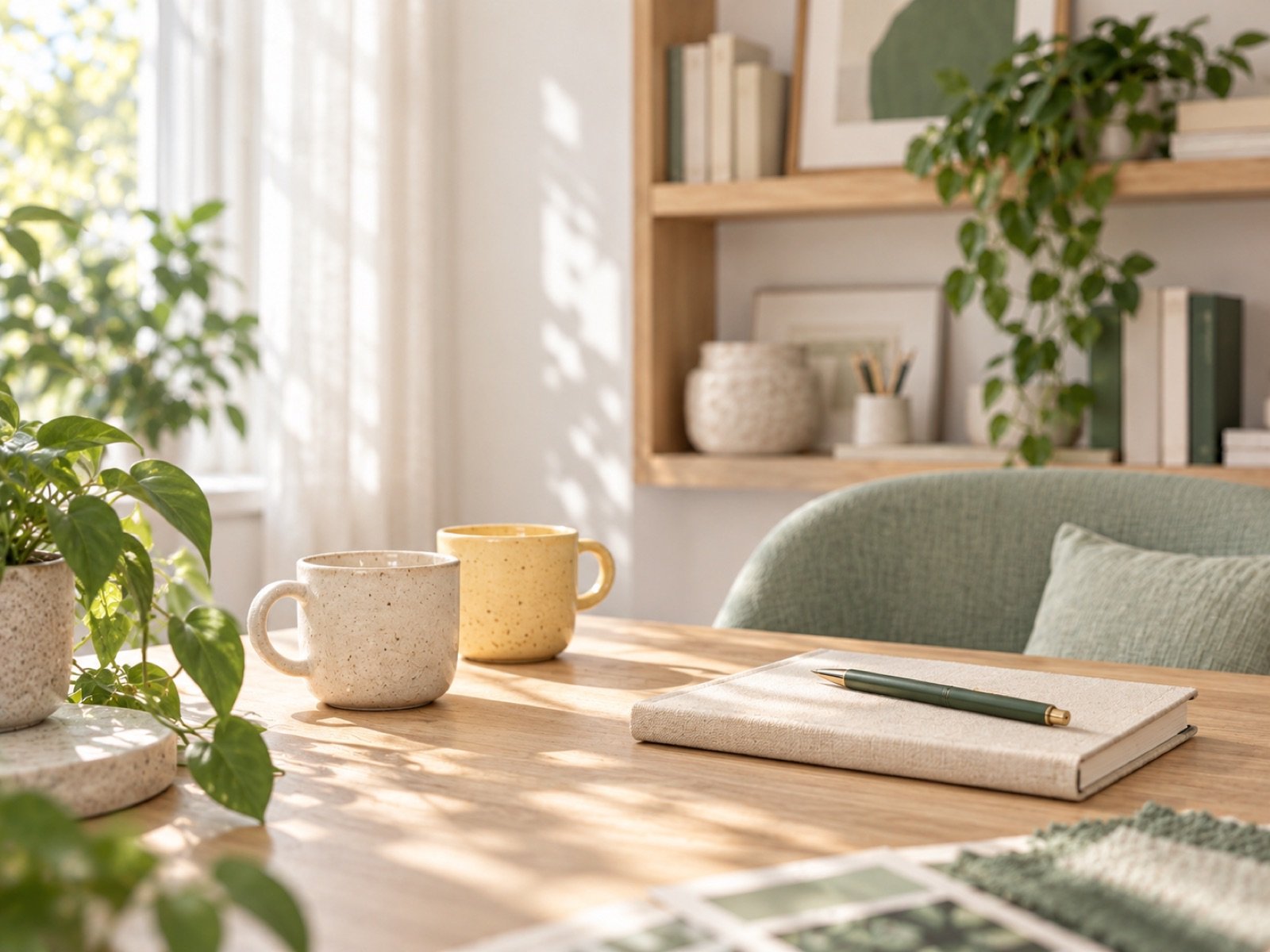 Sunlit studio desk with coffee cups, a notebook and plants