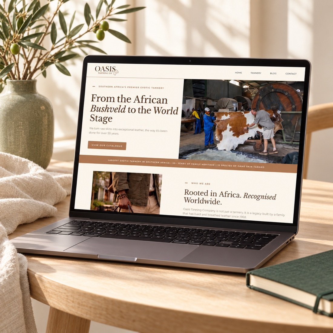 Oasis Tanning Co. tannery website shown on a laptop