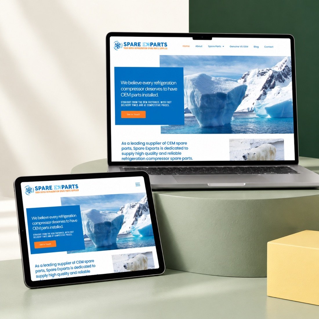 Spare Exparts refrigeration parts website on a laptop and tablet
